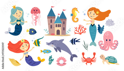 Set of cute mermaids. Stickers with charming underwater princesses, castle, dolphin, fish, and octopus. Marine fairytale characters for kids. Flat vector illustration collection