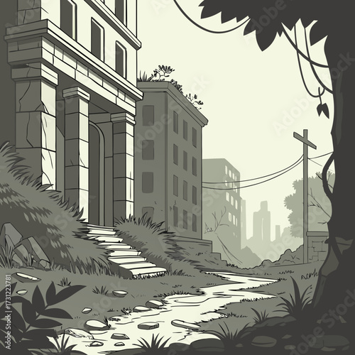Overgrown abandoned city buildings with a path leading through nature reclaiming urban decay
