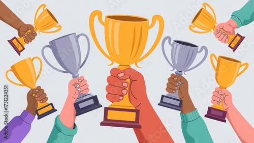 Celebration of achievement with multiple hands holding trophies, symbolizing success and victory in diverse teams and achievements.