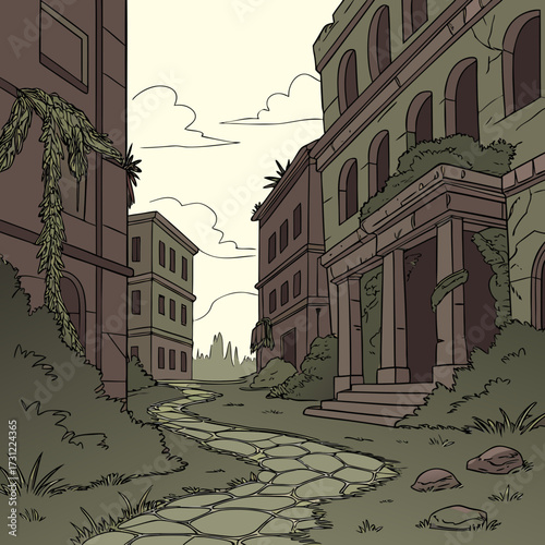 Overgrown ancient ruins with a winding stone path leading through abandoned buildings