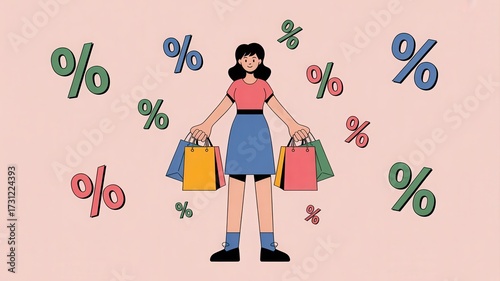 Excited shopper with colorful bags surrounded by vibrant percentage symbols, celebrating amazing discounts and retail therapy.
