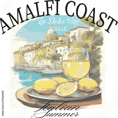 Italian Amalfi Italy Postcards euro summer lemons trending branding cute novelty conversational europe slogan fish sun landscape fashion script logo Tee t-shirt artwork typography tote badge vector