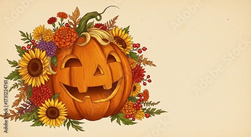 Smiling jack o lantern surrounded by autumn flowers and foliage illustration