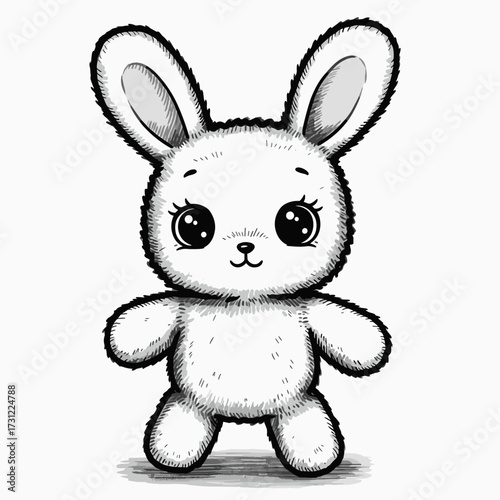 A fluffy cartoon bunny with big sparkling eyes, long upright ears, and a soft round body. Its gentle smile and plush texture give it a sweet, child-friendly charm.