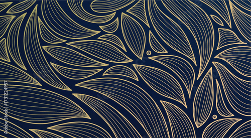 Abstract navy background with gold leaf pattern and curved lines design