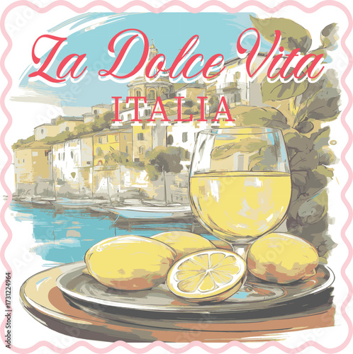 Italian Amalfi Italy Postcards euro summer lemons trending branding cute novelty conversational europe slogan fish sun landscape fashion script logo Tee t-shirt artwork typography tote badge vector