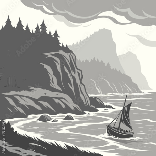 Sailboat navigates choppy waters near a rugged forested coastline with dramatic cliffs and mountains