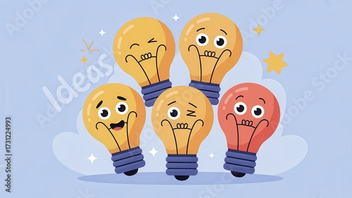 Creative lightbulbs with playful faces brainstorm brilliant ideas, sparking innovation and inspiration for your next project.