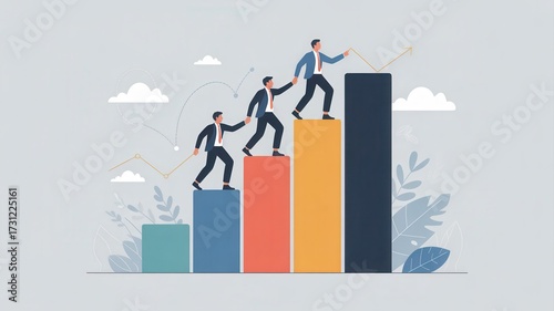 Driven business professionals ascend colorful bar chart, symbolizing growth and collective success in a modern, optimistic professional environment