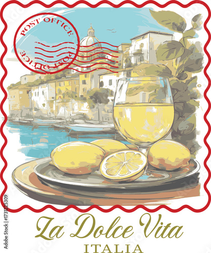 Italian Amalfi Italy Postcards euro summer lemons trending branding cute novelty conversational europe slogan fish sun landscape fashion script logo Tee t-shirt artwork typography tote badge vector