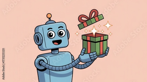 Joyful cartoon robot excitedly presents a magical gift box bursting with surprise and wonder, perfect for tech and holiday themes.