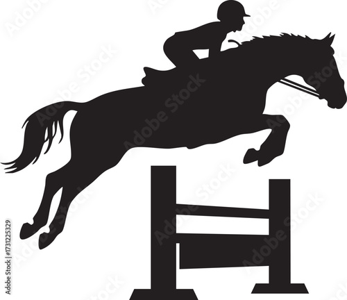 Dynamic silhouette horse and rider jumping over an obstacle isolated on white background