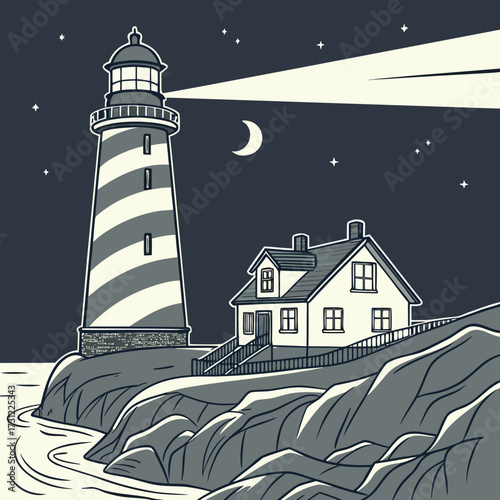 Striking lighthouse with a beam of light shining across the night sky over a coastal home