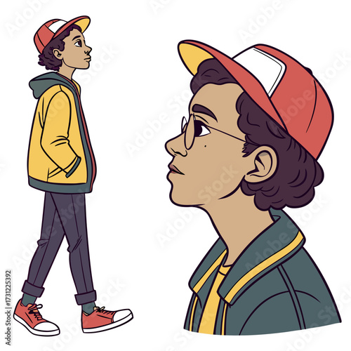 Stylized illustration of a young boy with curly hair wearing a hat and glasses looking up