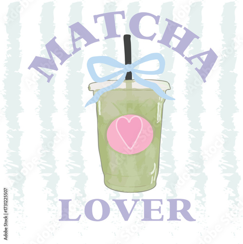 Matcha Lover Cute Kawaii Ice Latte Trending Coffee Euro Novelty graphic Vector conversational Trending Script Slogan  japan Tee t-shirt logo artwork typography tote badge emblem crest Fashion heart 