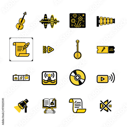 Duotone icons music instruments technology audio playback and recording symbols
