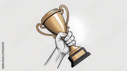 Celebrate monumental achievement with this triumphant hand lifting a gleaming golden trophy, symbolizing ultimate victory and success
