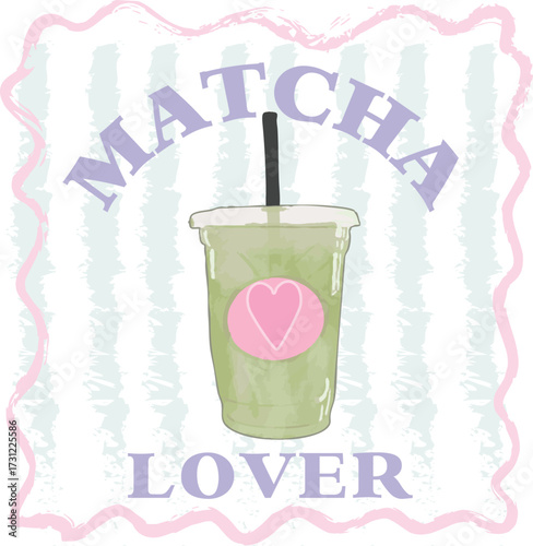 Matcha Lover Cute Kawaii Ice Latte Trending Coffee Euro Novelty graphic Vector conversational Trending Script Slogan  japan Tee t-shirt logo artwork typography tote badge emblem crest Fashion heart 