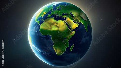 Vibrant Earth globe floating in space, showcasing continents with atmospheric lighting.