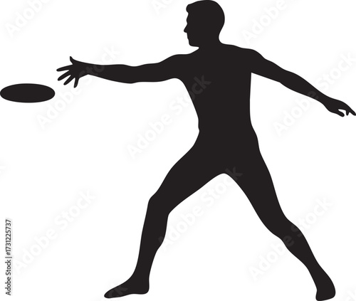 Dynamic silhouette man throwing a disc in mid air isolated on white background