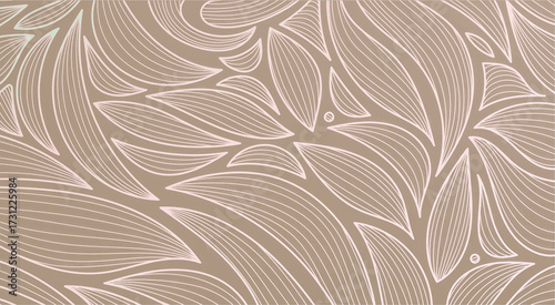 Beige background with white leaf pattern design and curved line details