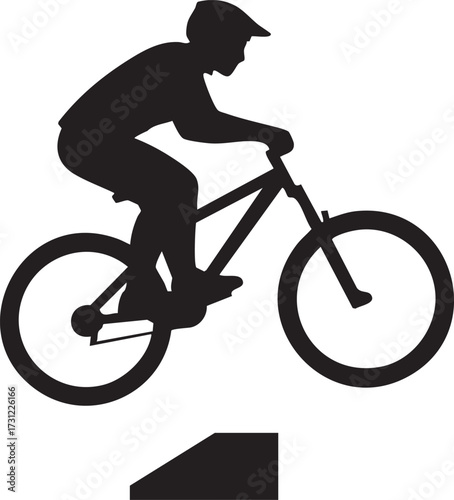 Dynamic silhouette mountain biker performing a jump isolated on white background