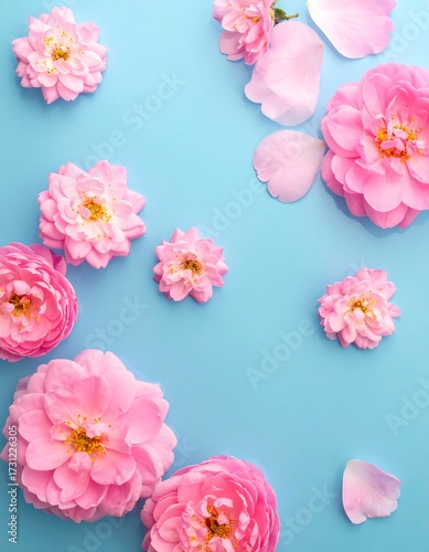 Pink roses and petals scattered on a light blue background