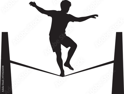 Dynamic silhouette person balancing on a slackline between two poles isolated on white background