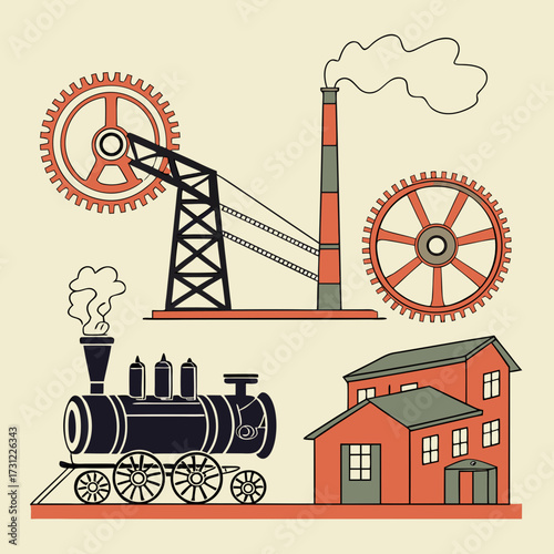 Vintage industrial scene with steam train factory and gears in a retro illustration style