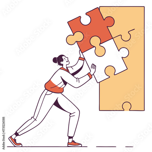 Woman fitting a puzzle piece into a larger jigsaw puzzle representing teamwork and problem solving