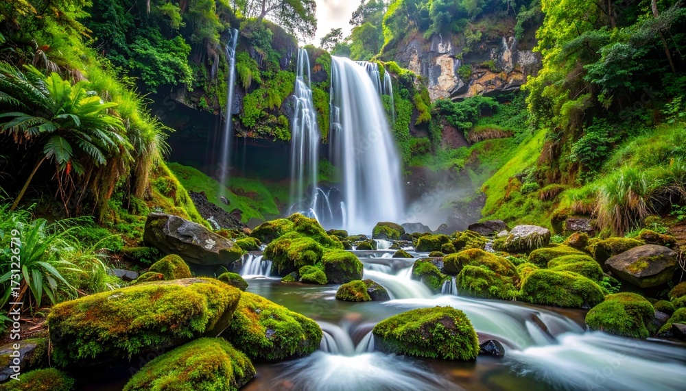 Naklejka premium Graceful Waterfall Surrounded by Dense Green Forest and Moss-Covered Stones