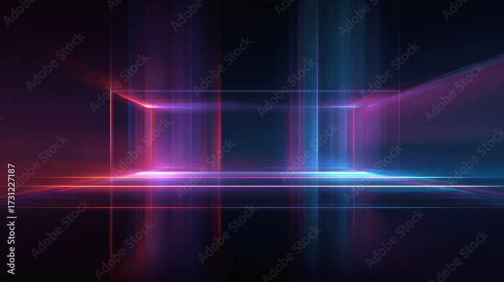 Obraz premium Glowing Neon Rectangular Frame in Blue, Pink, and Purple with Light Beams on Dark Background in Abstract Digital Composition
