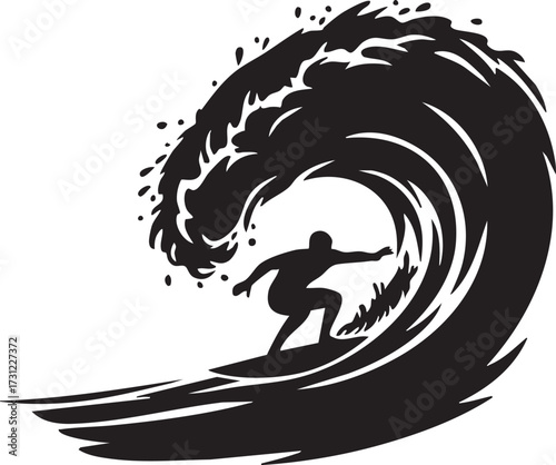 Dynamic silhouette surfer riding a powerful crashing wave isolated on white background