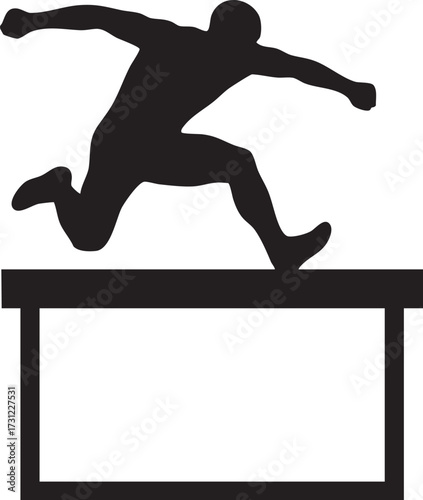 Dynamic silhouette track athlete leaping over a hurdle isolated on white background