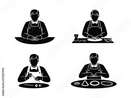 Black silhouette goldsmiths crafting jewelry making silhouetted figures