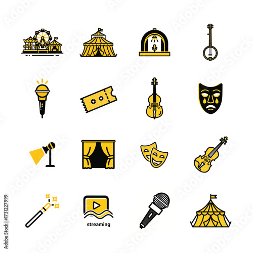 Duotone collection of entertainment and performance icons featuring stage theatre music circus and more