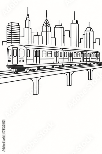 A stylized line drawing of a New York City subway train elevated above the tracks with a cityscape in the background.