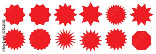 Red starburst badge vector set with spiky jagged sale labels and promotional sticker shapes for discount tags, posters, banners, and graphic design