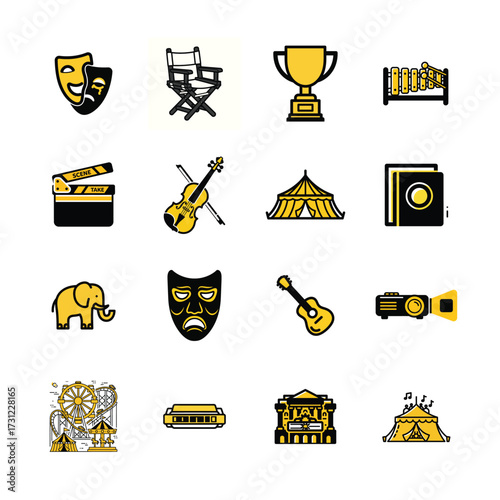 Artistic duotone icons representing entertainment and performance arts symbols