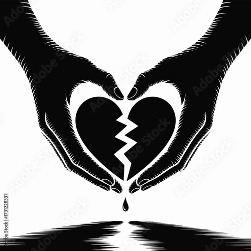 Black silhouette hands cradling broken heart with tear vector