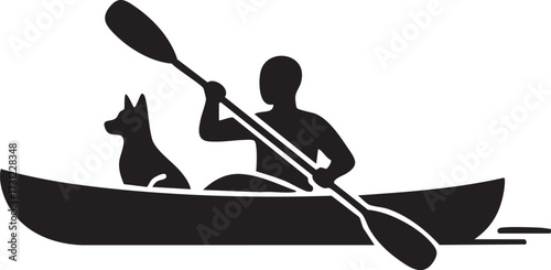 Man and dog kayaking together in a canoe silhouette isolated on white background