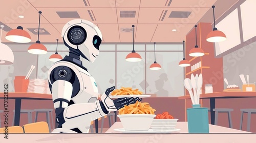 Robot Serving Fries in Restaurant.