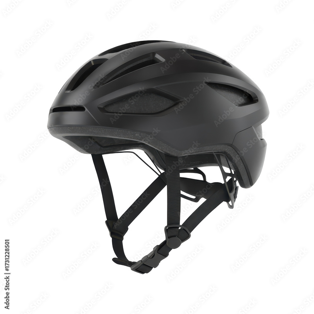 Fototapeta premium Black cycling helmet with ventilation holes and adjustable straps isolated on a transparent background