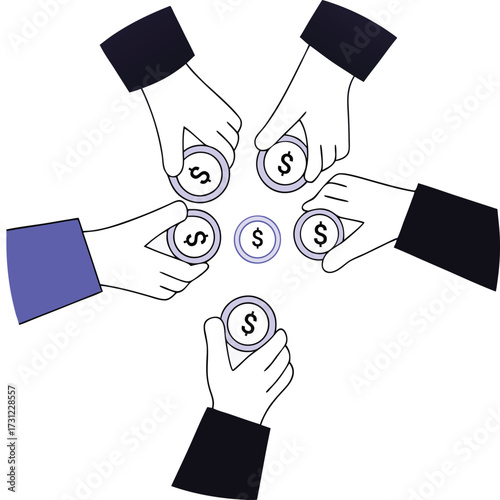 Crowdfunding concept hands contribute coins together for shared project investment growth