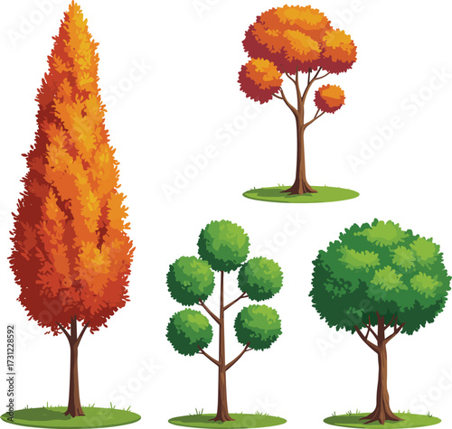 Autumn orange tree illustration, colorful fall foliage tree, geometric green tree design, lush summer deciduous tree, seasonal botanical landscape vegetation