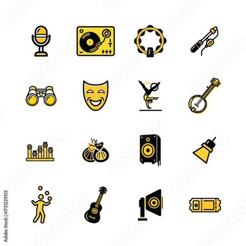 Duotone collection of musical instruments and entertainment icons for creative projects