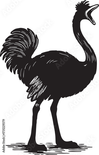 Silhouette of a large prehistoric bird with an open beak and long neck standing on a textured ground