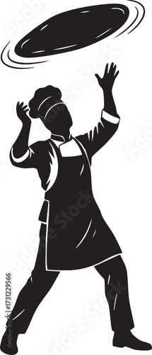 Silhouette chef tossing a pizza dough in the air with skill isolated on white background
