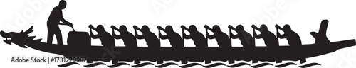 Silhouette dragon boat team rowing together in a long boat isolated on white background
