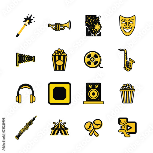Duotone art icons representing entertainment music and celebration elements set